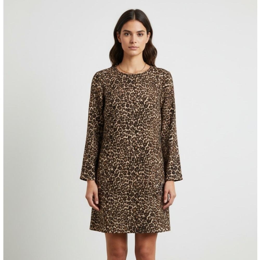 J.Crew Leopard Print Crepe Shift Dress Long Sleeve Women's Size 6 Back Zip Mini